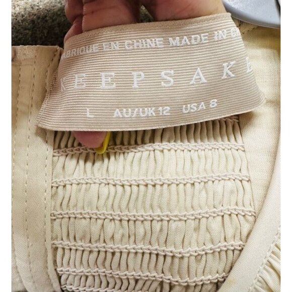 Keepsake Asymmetric Beige Short Puffy Sleeves Open Cut Waist Ruffled Hem Dress 8 - Picture 6 of 9